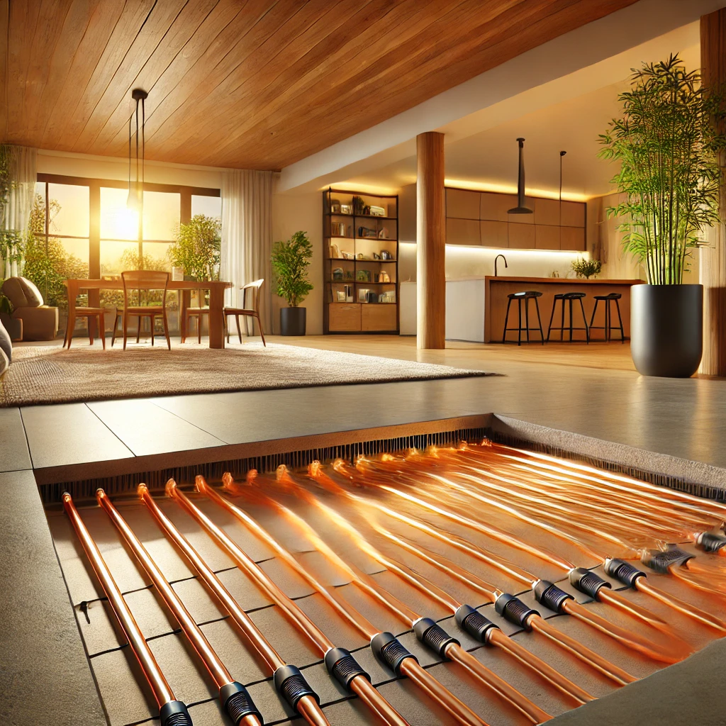 Open-concept living space with underfloor heating. Copper pipes are visible. Warm lighting, wooden elements.