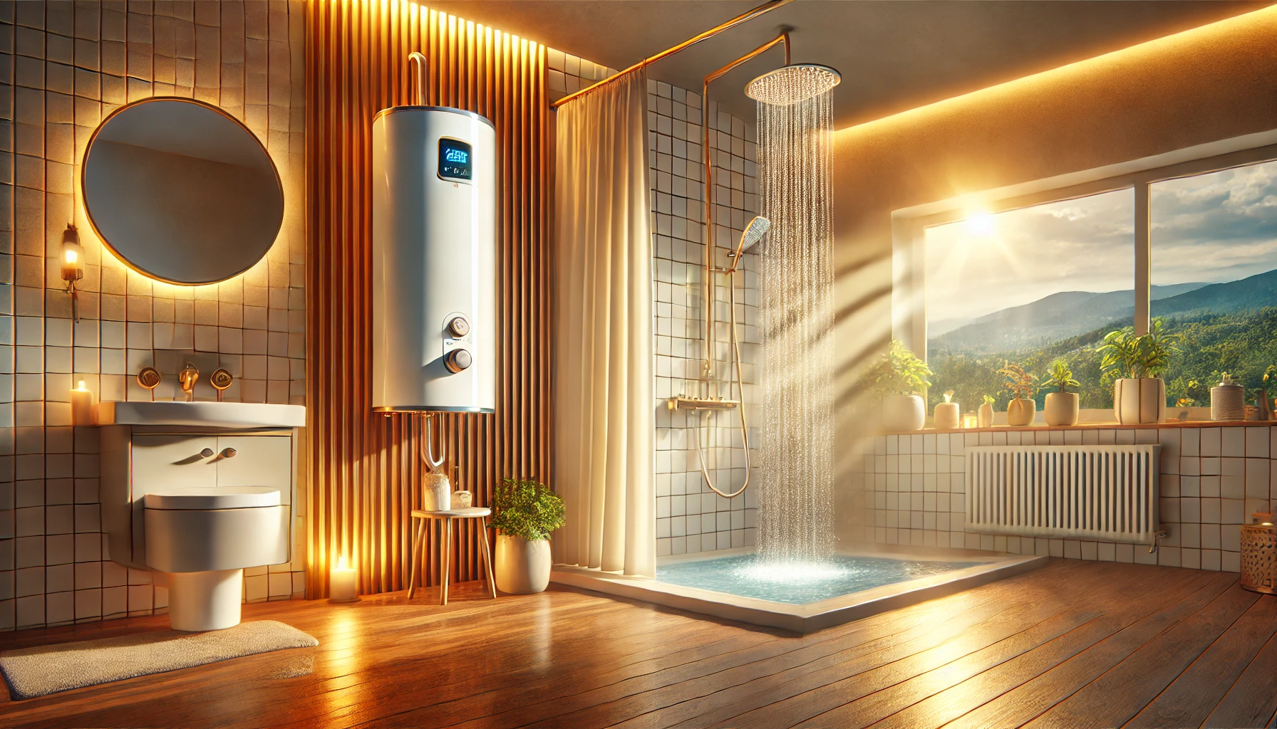 Modern bathroom with shower, toilet, and water heater, bathed in sunlight.