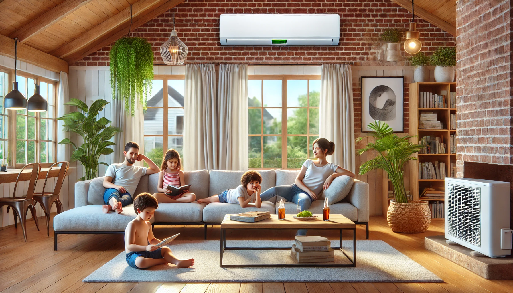 Family relaxing in living room with AC unit, plants, and sunlight.