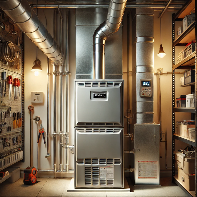 Furnace in utility room with ductwork, tools, and shelves. Metallic gray, warm lighting, functional setting.