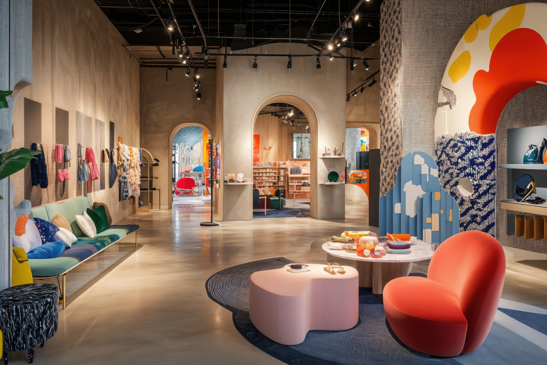 A modern, colorful retail space with curved furniture, textured walls, display arches, and a vibrant mural.