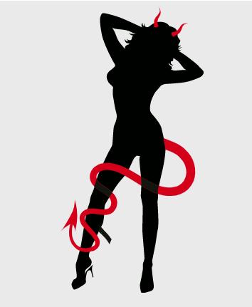 Silhouette of a woman with devil horns and tail, in a seductive pose, against a light gray background.