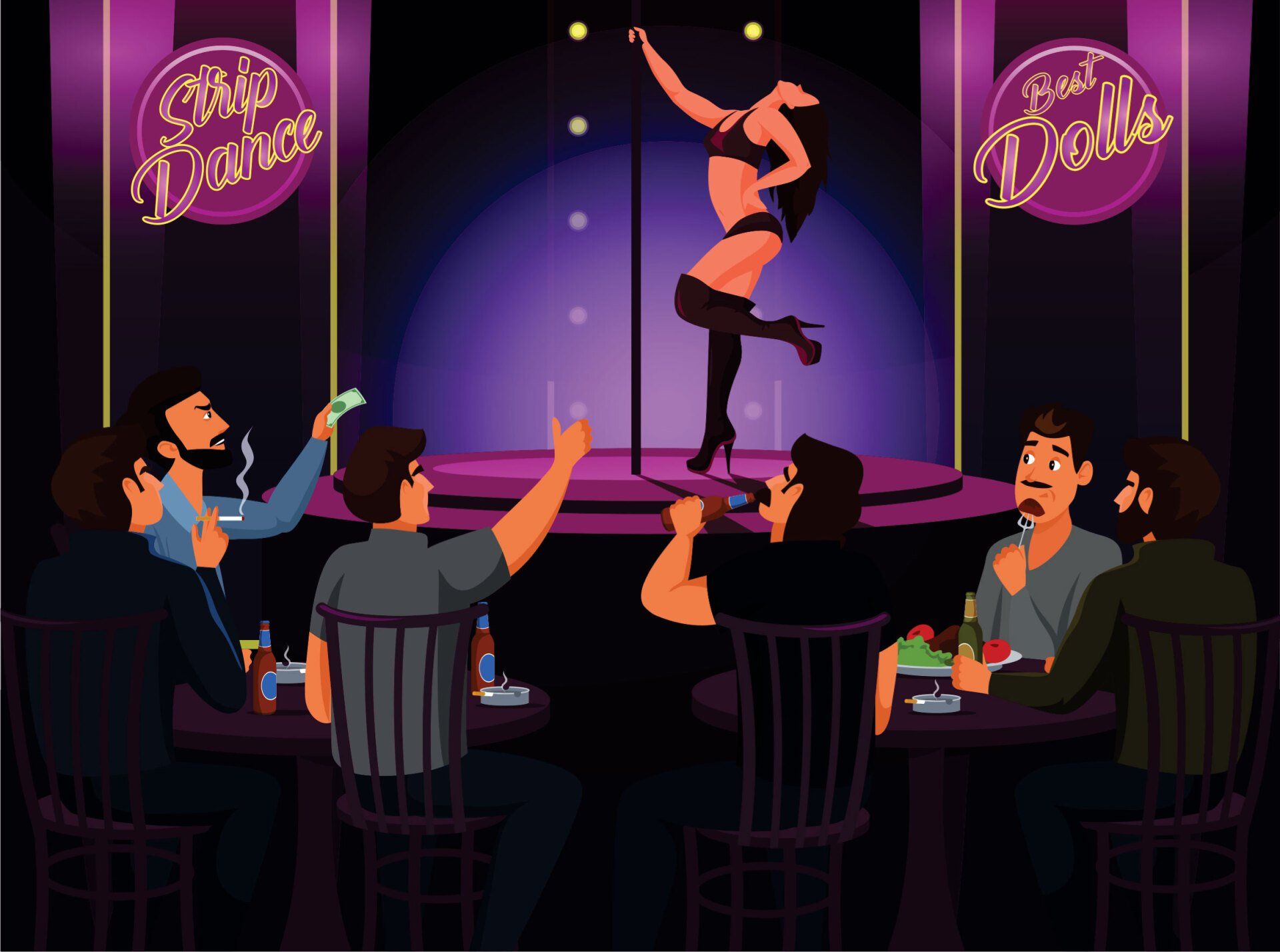 A woman dances on a pole in a dimly lit strip club. Men watch, some cheering.