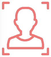 A red line icon of a man 's face in a frame.