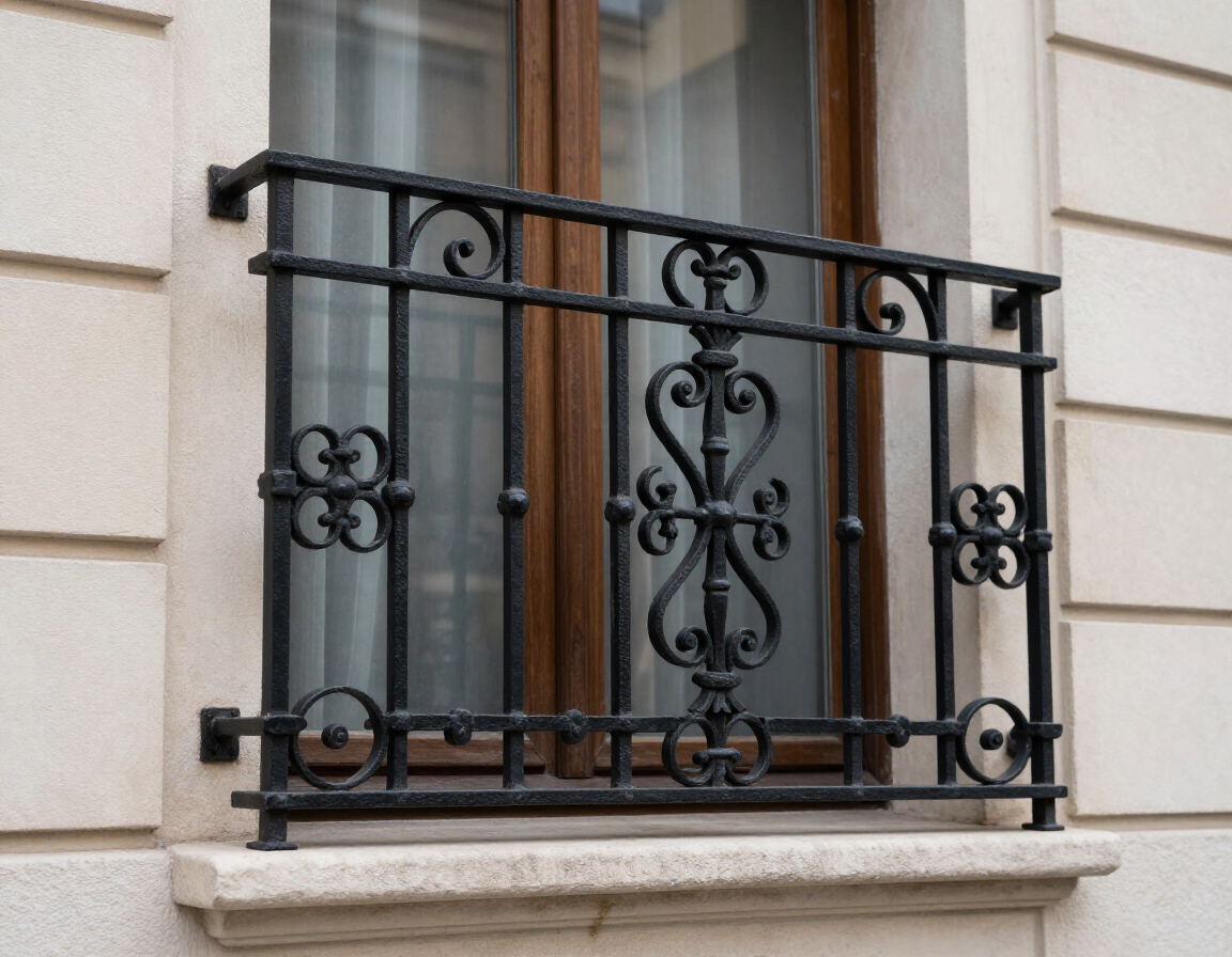 Grate di sicurezza in ferro con lavorazione artigianale e dettagli decorativi.