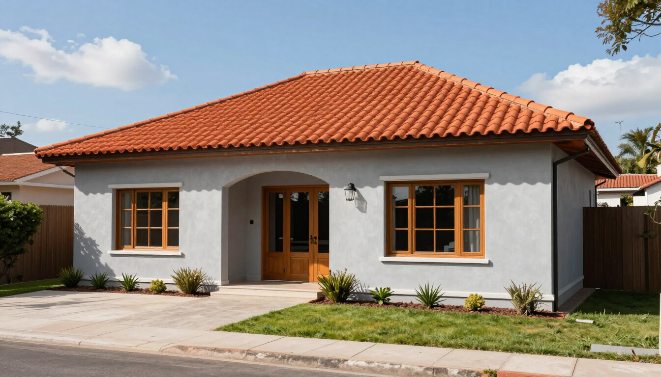 Casa blanca de una sola planta con techo de tejas de terracota, ventanas de madera y un jardín delantero.