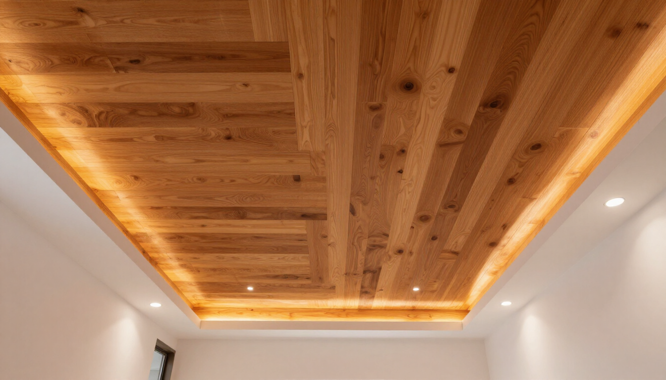 Techo empotrado revestido de madera con iluminación indirecta LED cálida en una habitación moderna.