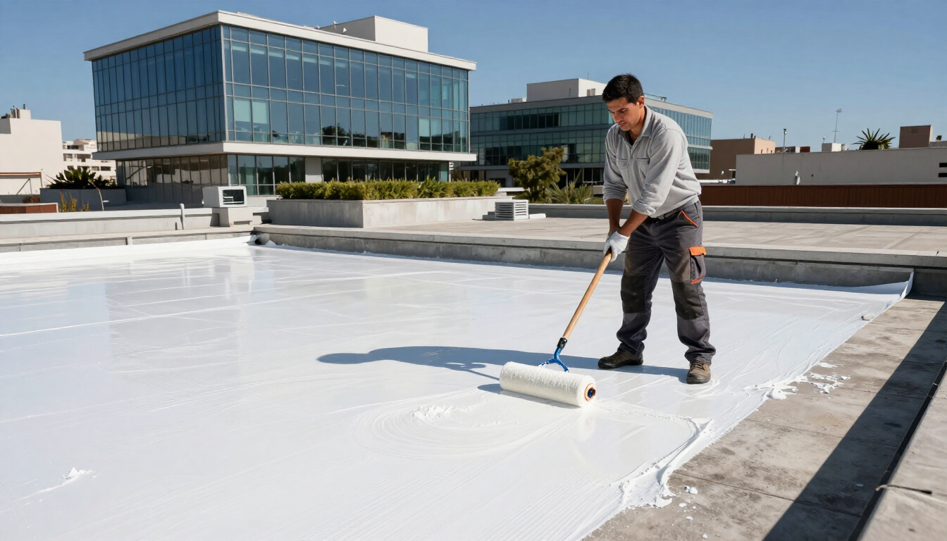 Un trabajador extiende una capa de pintura blanca sobre una azotea plana con un rodillo; al fondo se ve un edificio moderno.
