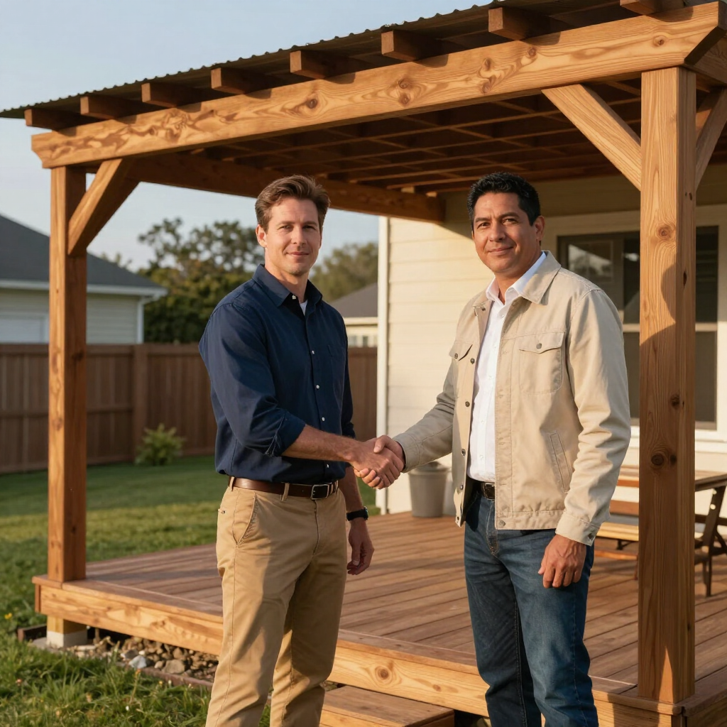 Dos hombres se dan la mano en una terraza de madera junto a una pérgola recién construida.