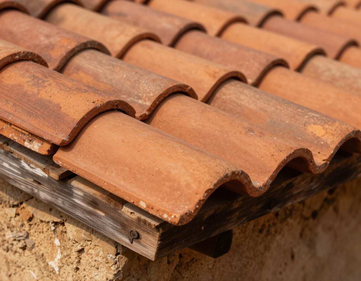 Primer plano de tejas de terracota desgastadas con un borde expuesto en la esquina de un edificio.