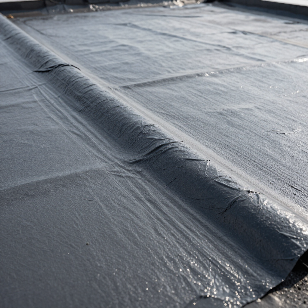 Primer plano de una junta de membrana impermeable gris en un techo bajo luz brillante.