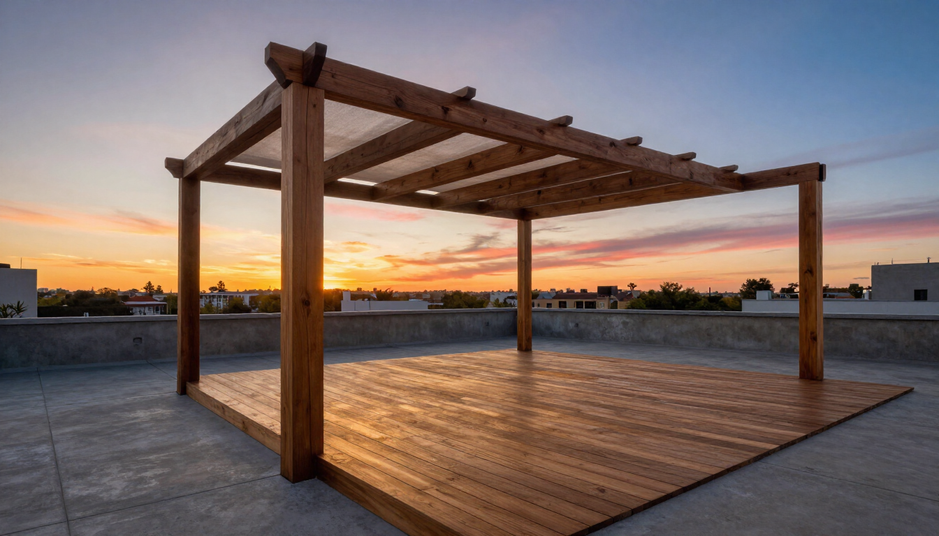 Losa con deck de madera y pérgola