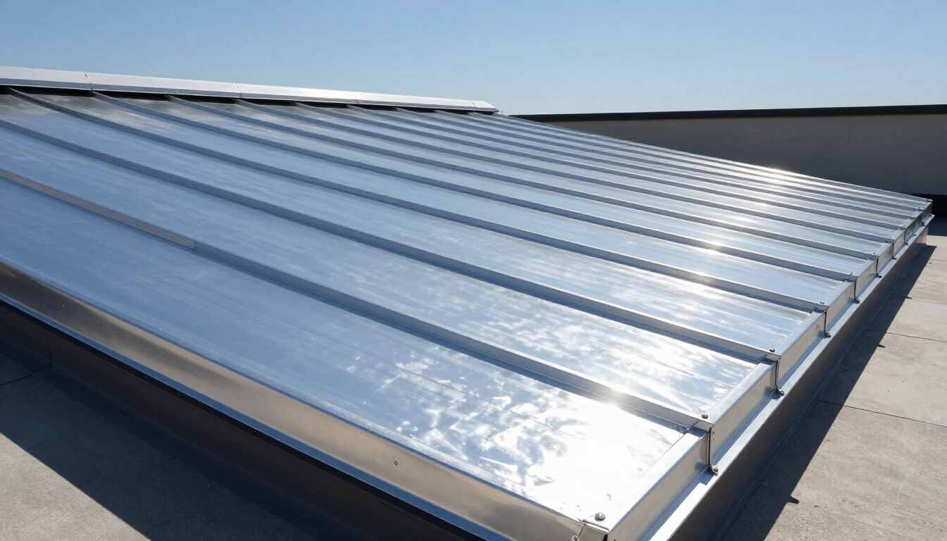 Paneles de techo de metal plateado brillante en un edificio bajo la luz del sol.