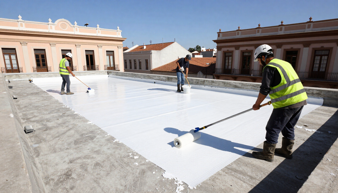 Trabajadores aplicando impermeabilizante en una losa plana