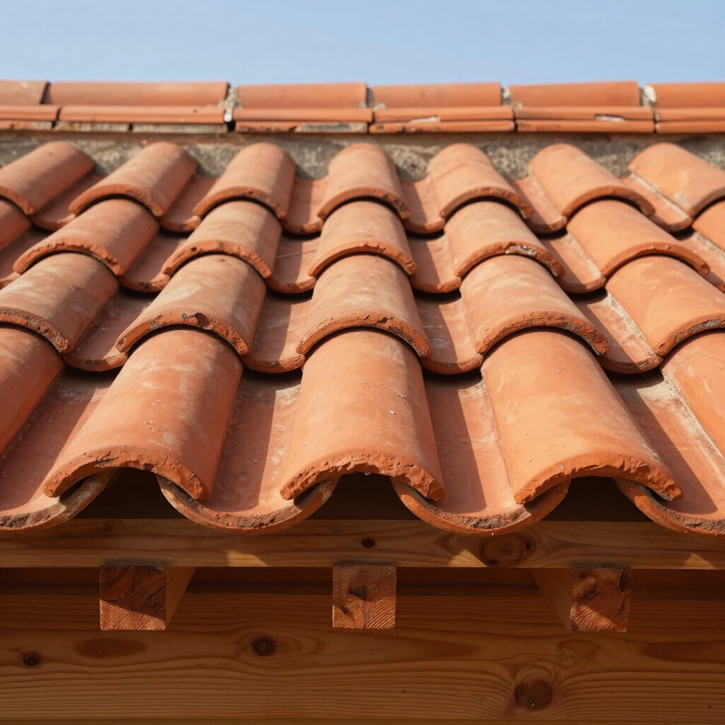 Primer plano de tejas curvas de terracota en el tejado de una casa bajo un cielo azul despejado.