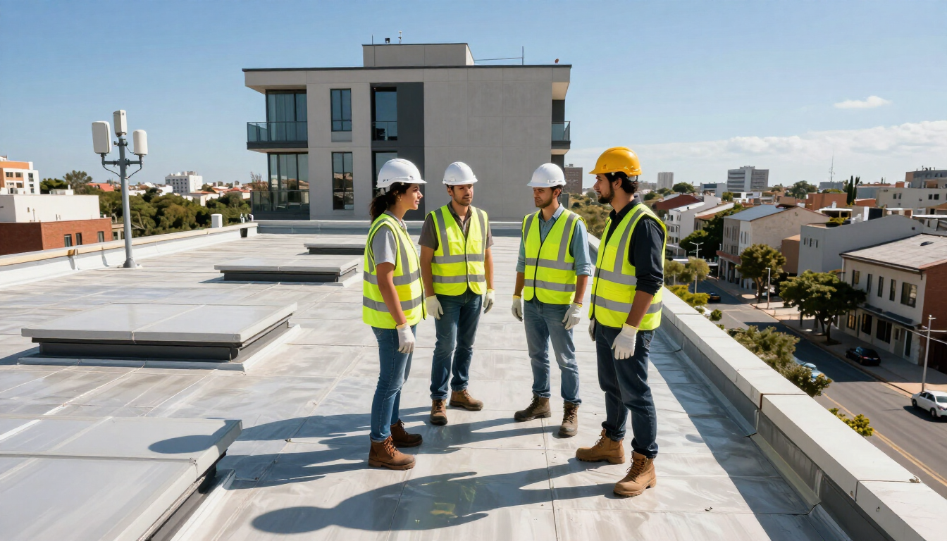 Equipo profesional revisando una losa de edificio