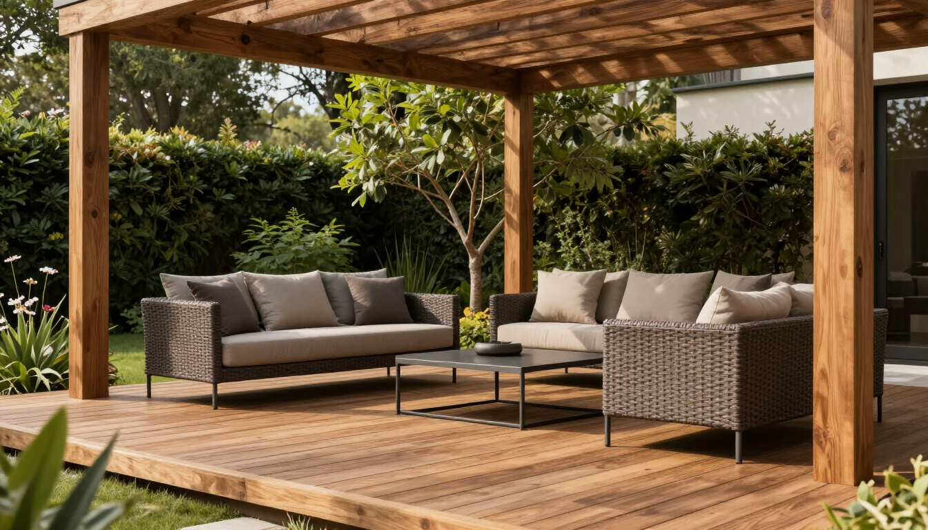 Terraza de madera con pérgola y deck recién terminada en una casa de La Plata