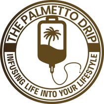 Circular logo with brown text and an IV bag containing a palm tree silhouette; "THE PALMETTO DRIP" and "INFUSING LIFE INTO YOUR LIFESTYLE".