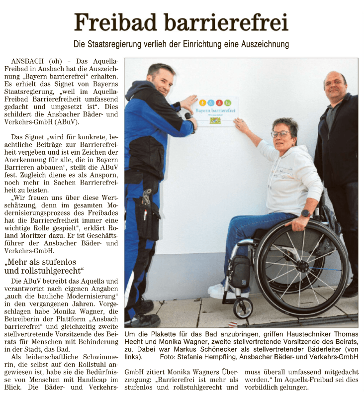 Pressebericht : Freibad Ansbach mit Signet Bayern Barrierefrei ausgezeichnet.