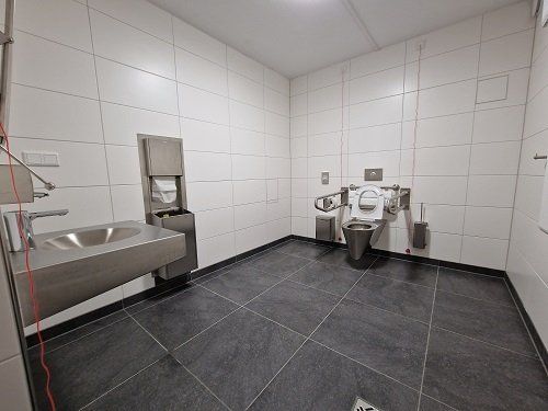 Innenansicht, Edelstahl-WC mit Stüzklappgriffen, vorne und einseitig anfahrbar, Waschtisch mit Kippspiegel