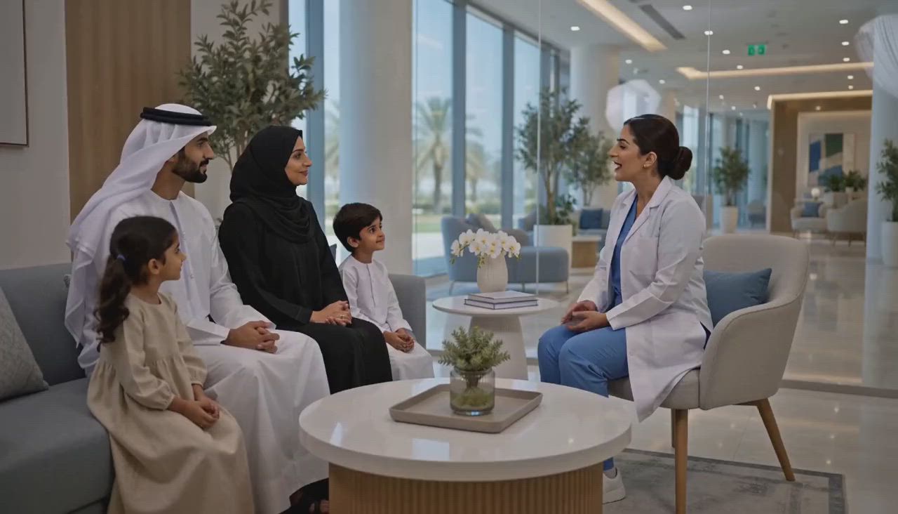 A doctor talking with a family during a first consultation at the Centre