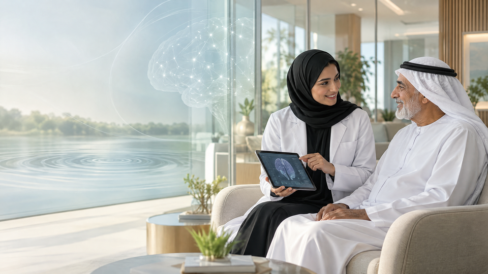 A clinician showing a patient brain-scan results on a tablet