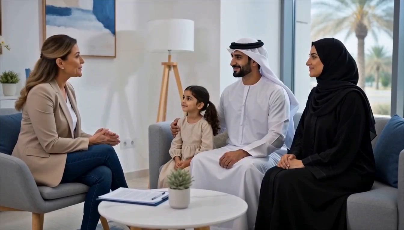 A consultant talking with a family in a calm consultation room