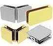 Assorted metallic box hinges in silver, yellow, and black, arranged on a white background
