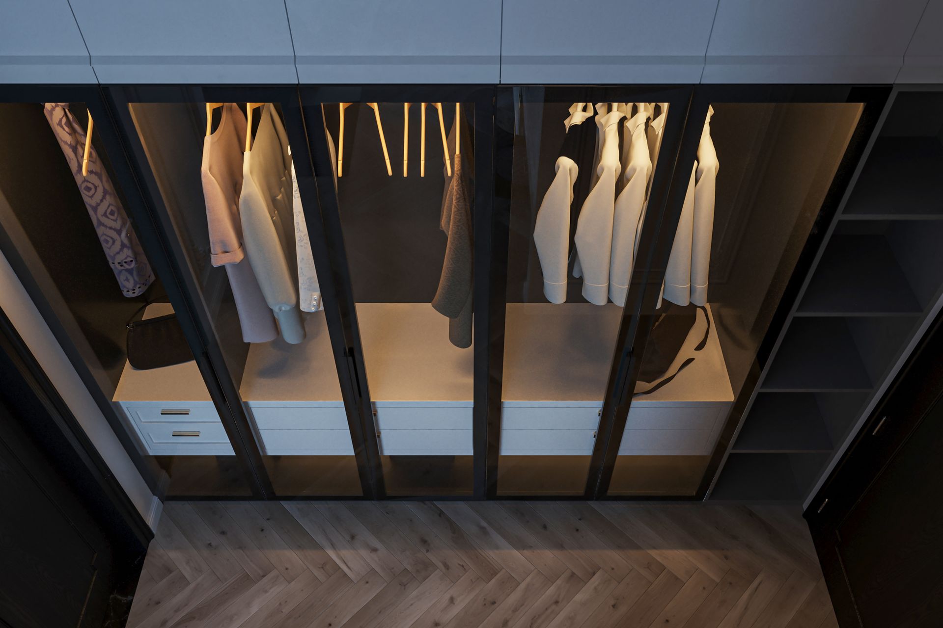 Empty modern office with glass-walled room and construction materials in a bright unfinished space