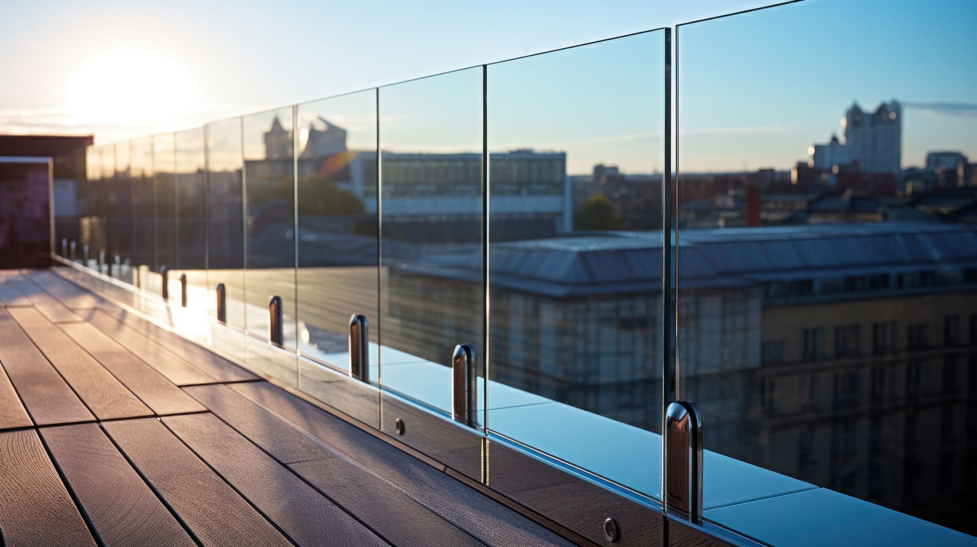 Sunlit rooftop deck with glass railing overlooking a city skyline at sunset