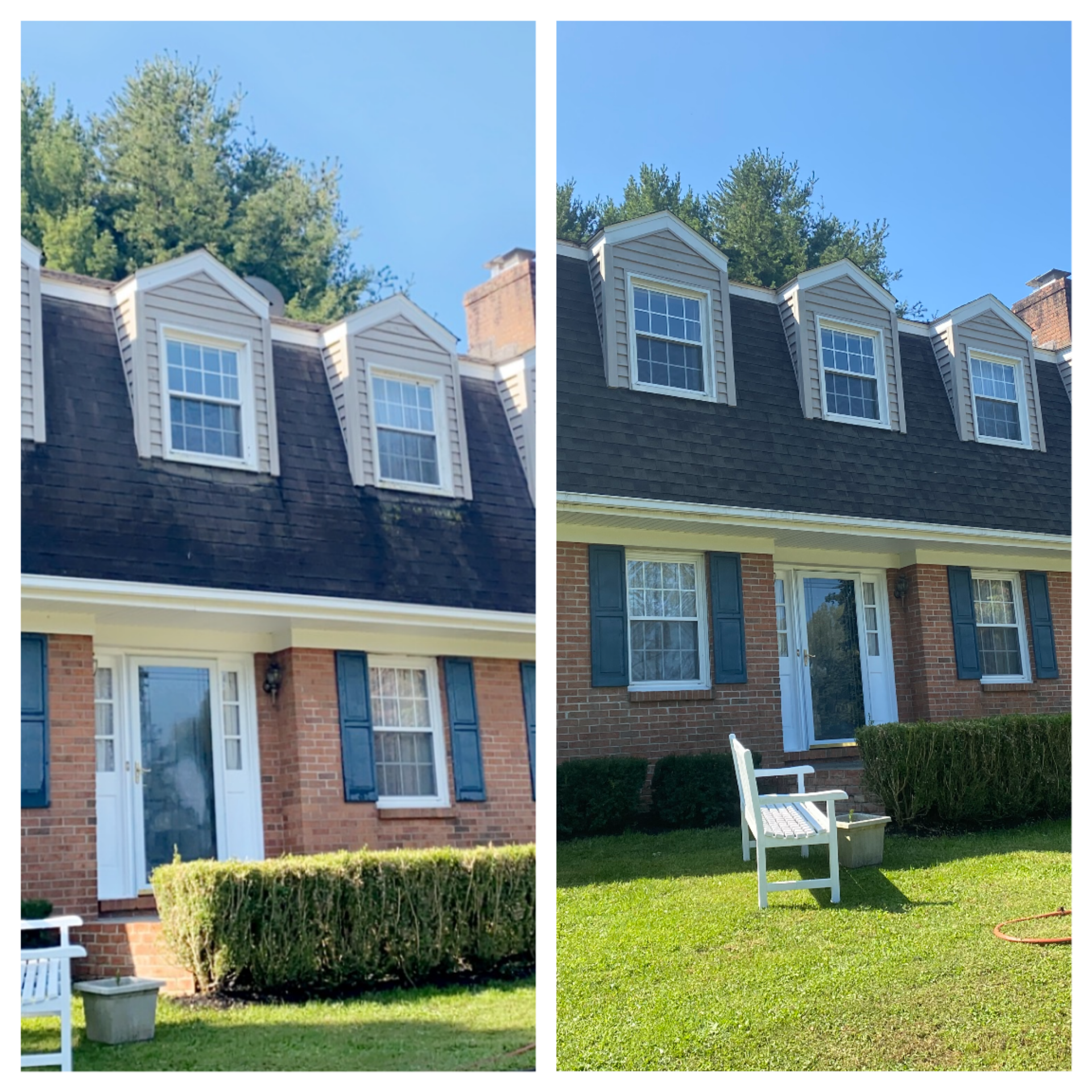 Side-by-side views of a brick townhouse with black roof, white trim, and a lawn chair in front