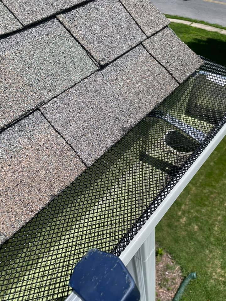 Roof edge with black gutter guard mesh and gray shingles above a green lawn