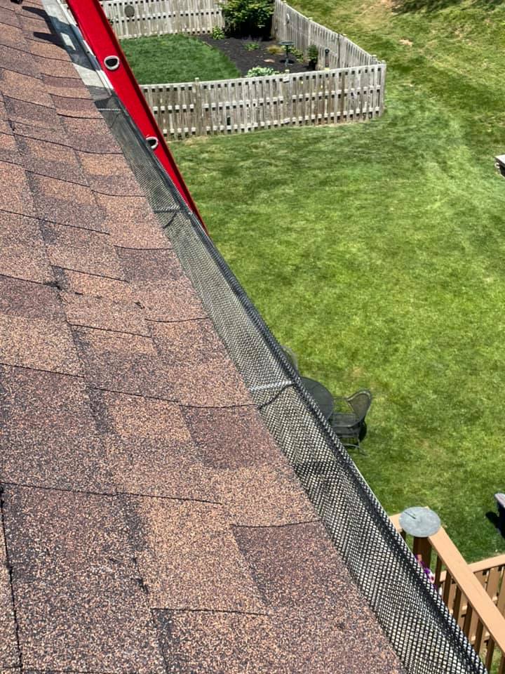 Roof edge with red ladder, gutter, and green backyard lawn below