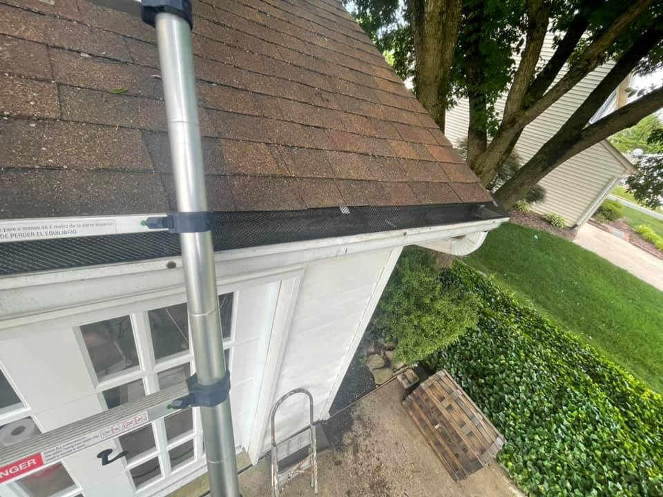 Side view of a white house roof with a chimney, gutter, ladder, and trimmed hedge below