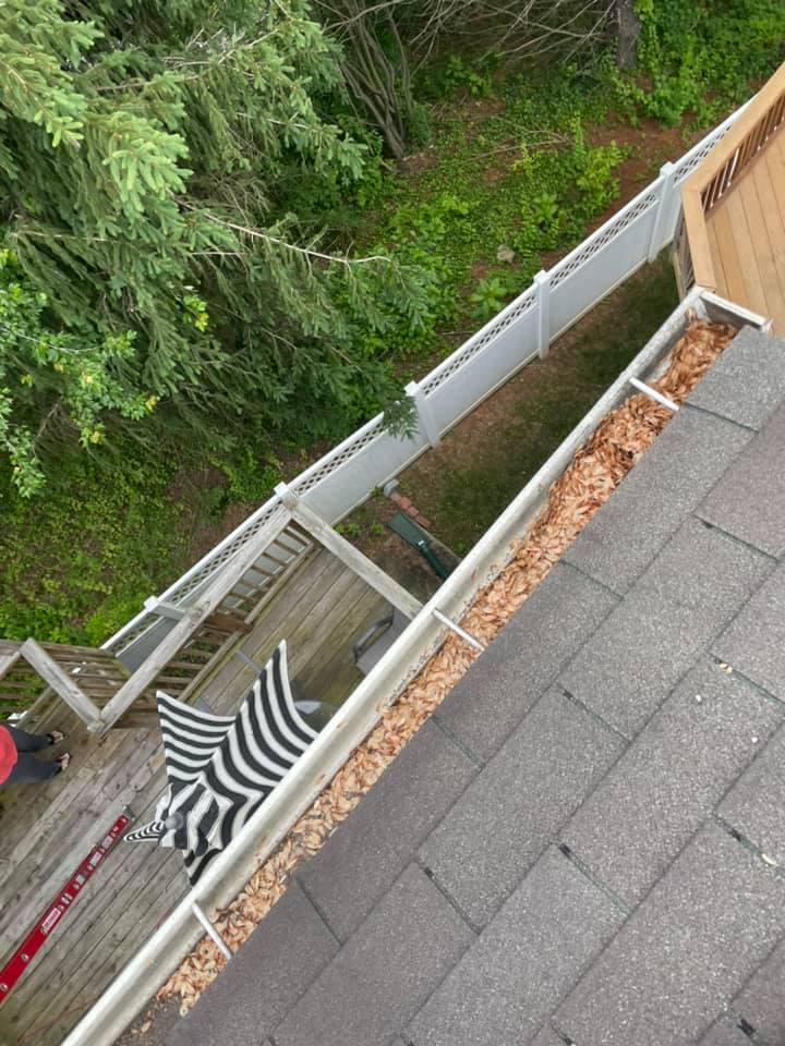 Rooftop edge overlooking a wooded slope, with a striped umbrella and patio area below
