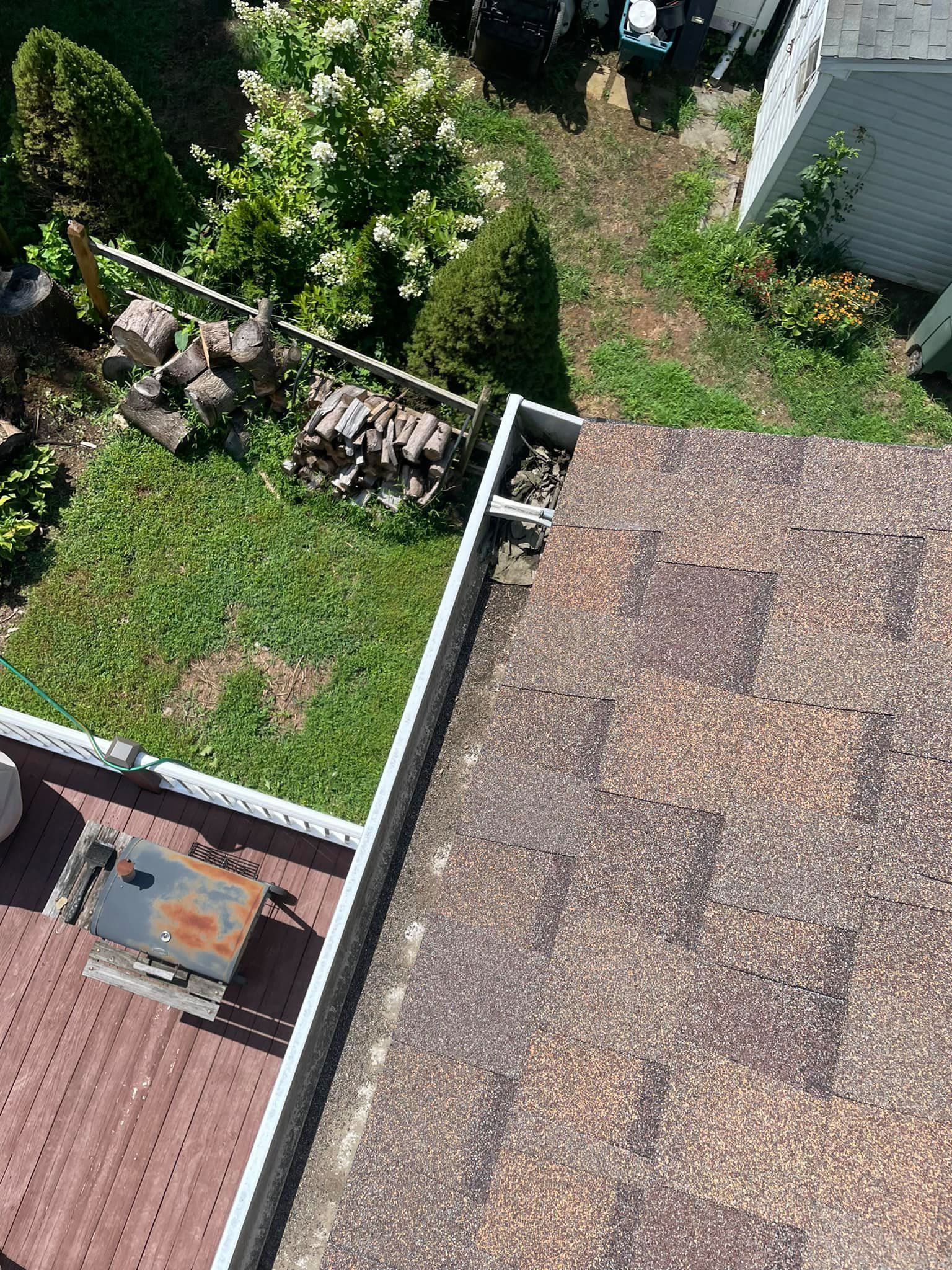 Overhead view of a backyard with green grass, trees, and two rooftops beside a narrow path