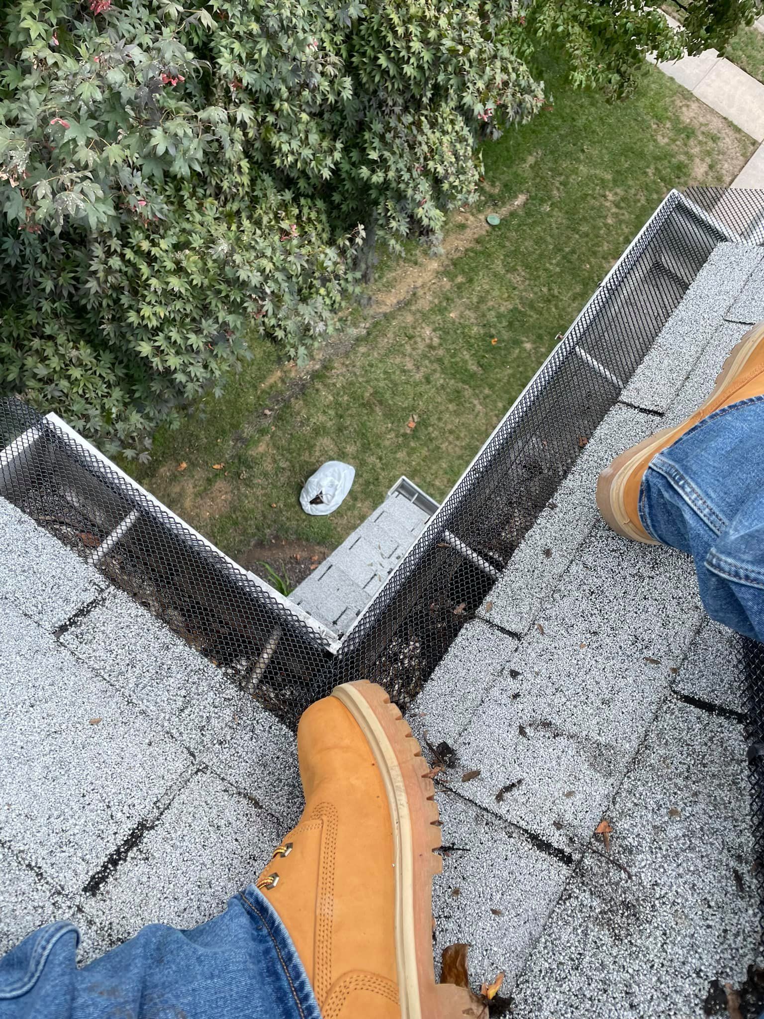 View from a roof edge with orange shoes, looking down at a grassy yard and tree below.