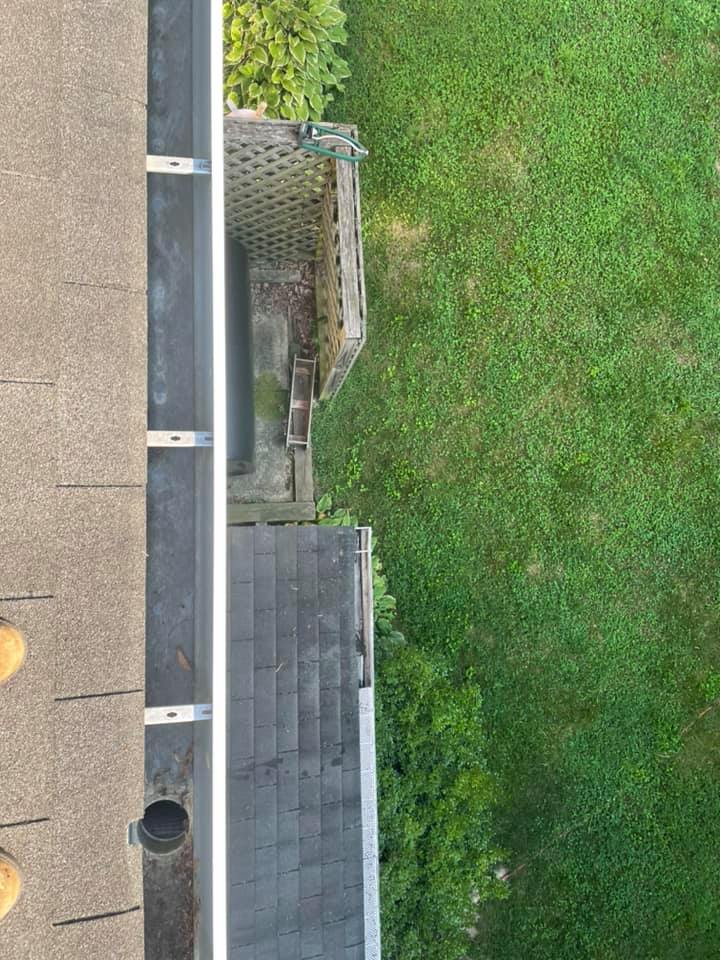 Grassy backyard with a concrete patio edge and a small stone fountain beside a dark shed.