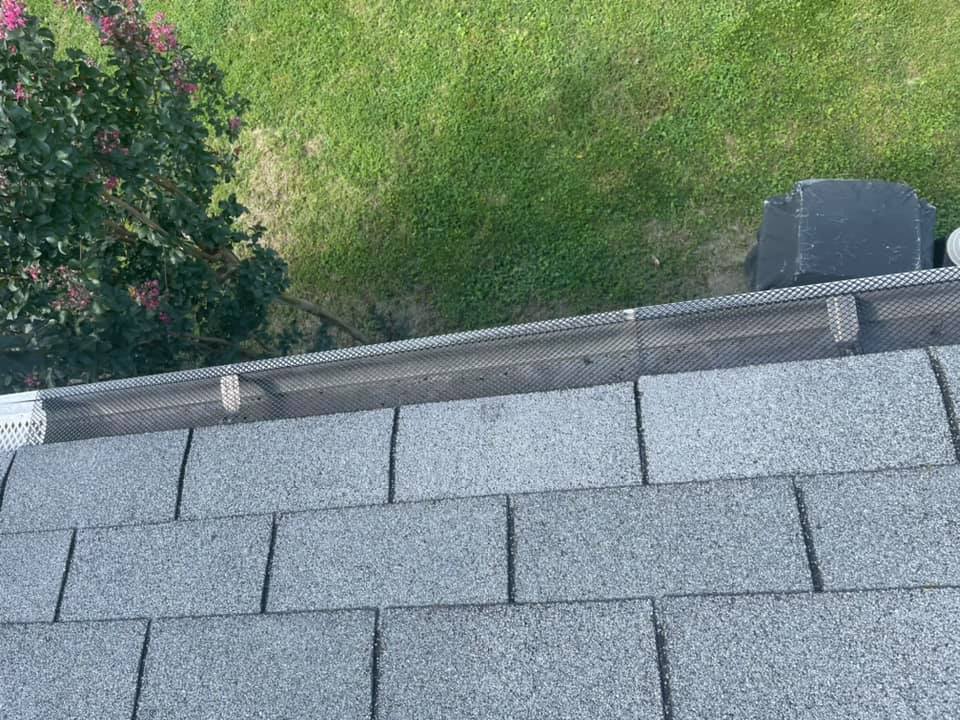 Roof shingles and gutter edge overlooking a grassy yard with a flowering tree.