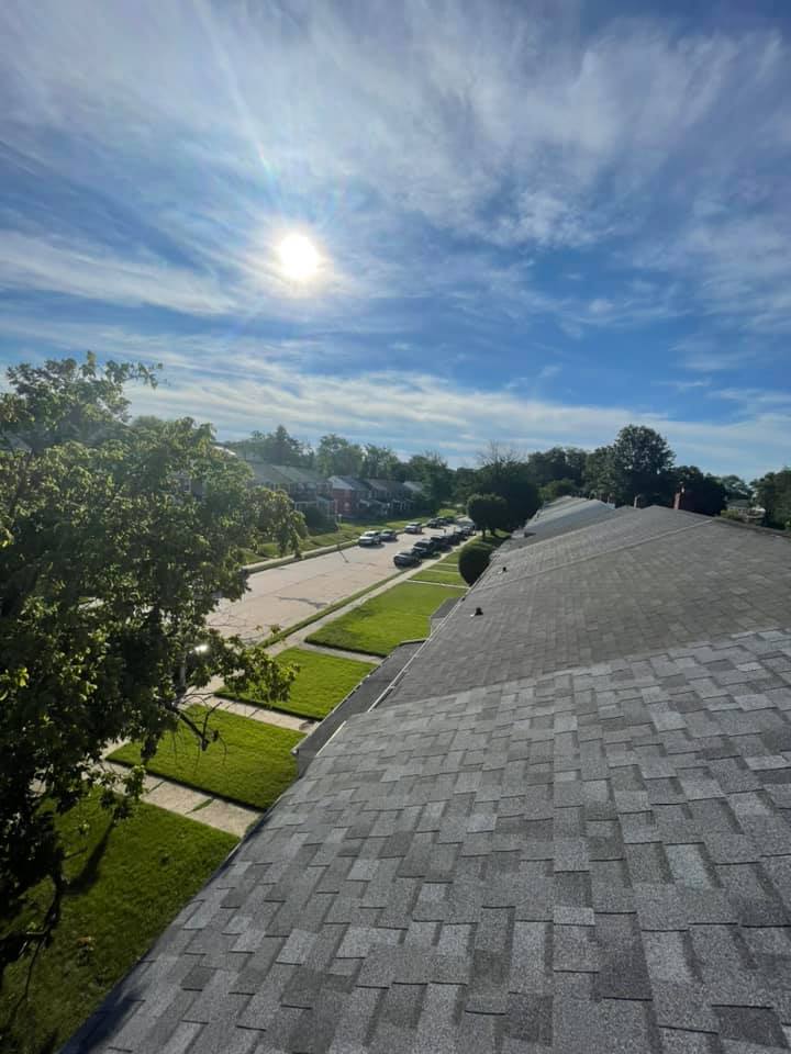 Rooftop view of a sunlit suburban street, trees, and cloudy blue sky with the sun overhead