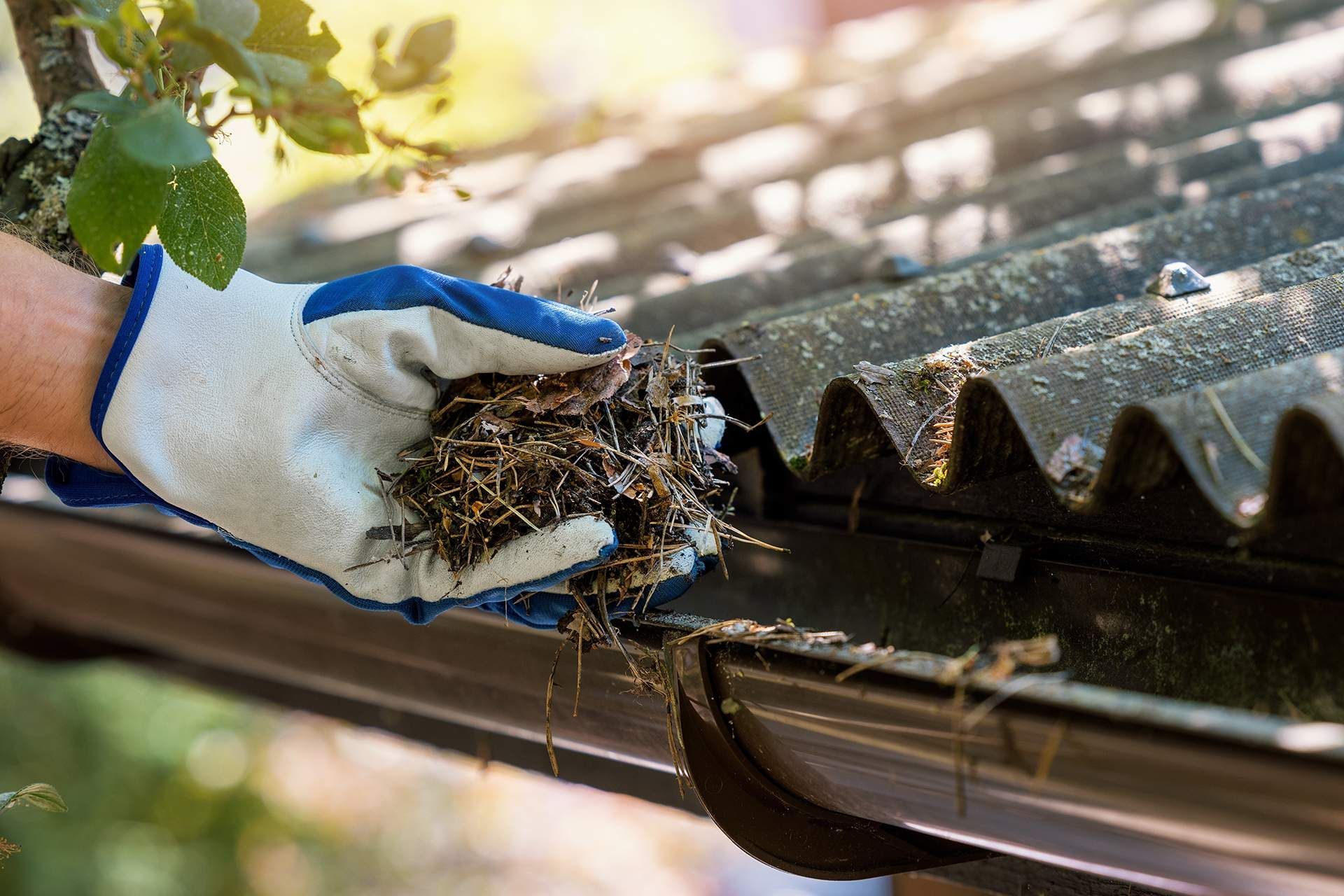 Gloved hand cleaning debris from a rain gutter with a trowel, outdoors.