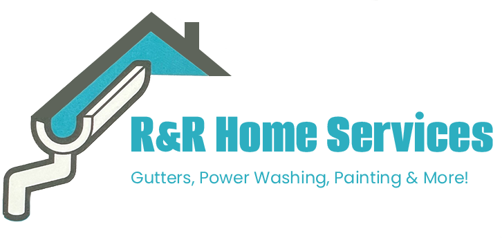 R&R Home Services logo with roof and paint roller, teal and gray text, 