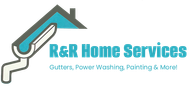 R&R Home Services logo with roof and paint roller, teal and gray text, 