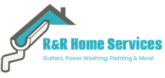 R&R Home Services logo with roof and paint roller, teal and gray text, 
