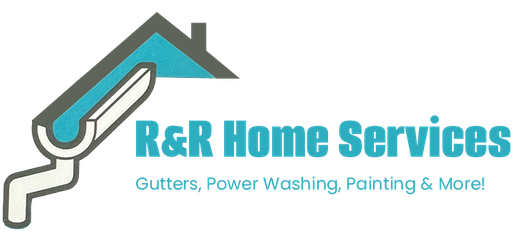 R&R Home Services logo with roof and paint roller, teal and gray text, 
