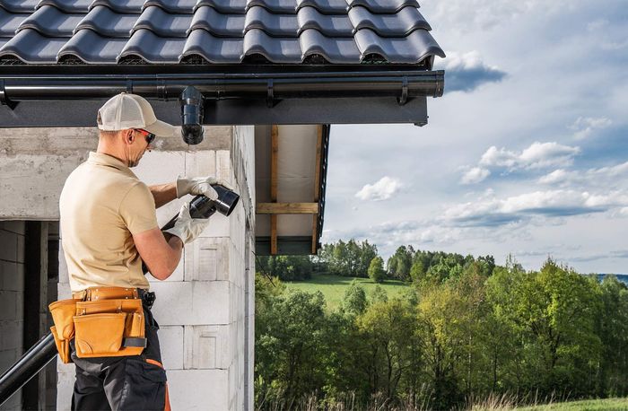 Worker using a drill on a house exterior under a tiled roof, with a green landscape in the background