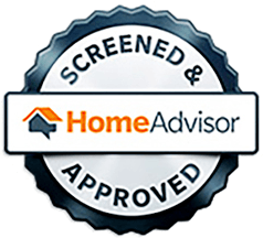 HomeAdvisor screened and approved badge logo with blue and white seal and orange house icon