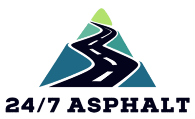24/7 Asphalt logo with a winding dark road over blue and green mountains