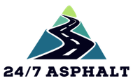 24/7 Asphalt logo with a winding dark road over blue and green mountains