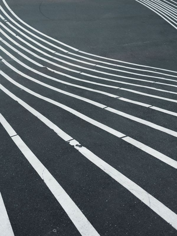 Curving white road lane markings on dark asphalt